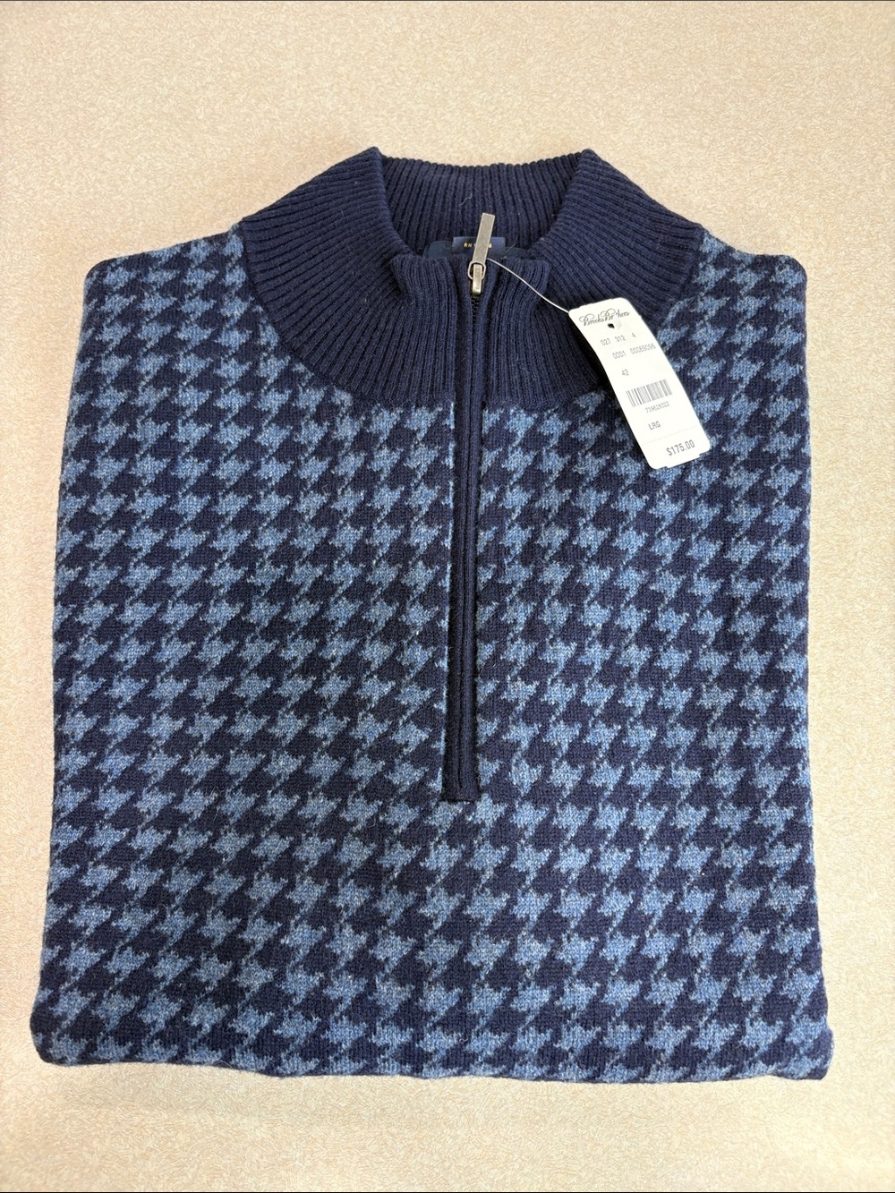 Brooks Brothers Navy and Light Blue Houndstooth Half-Zip Sweater